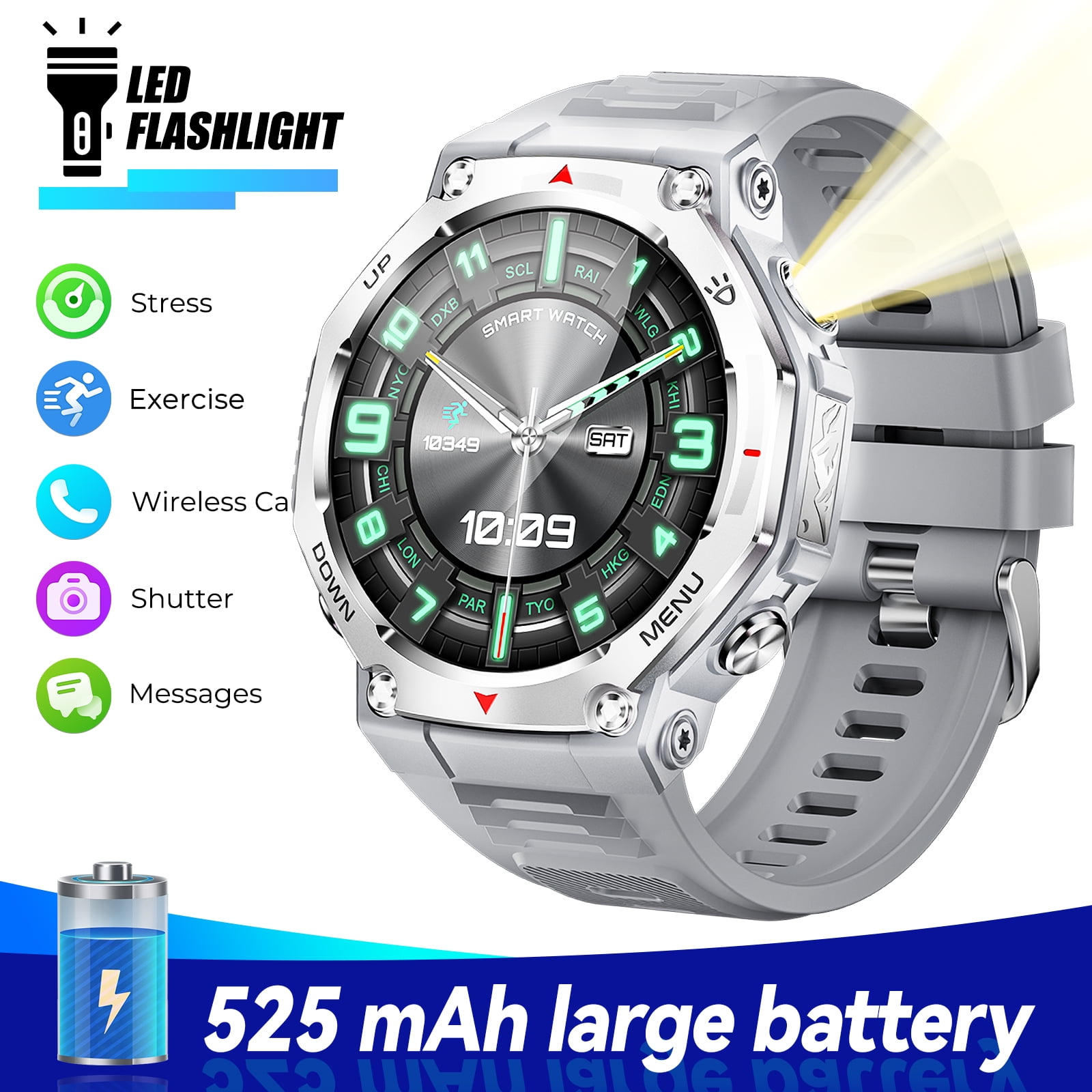 XAXRE KT85 Smart Watches for Man with Wireless Calling, 1.43’’ AMOLED Screen Watch with Flashlight, 5ATM Waterproof Smart Watch Compatible with iOS & Android, 1pc, Gray