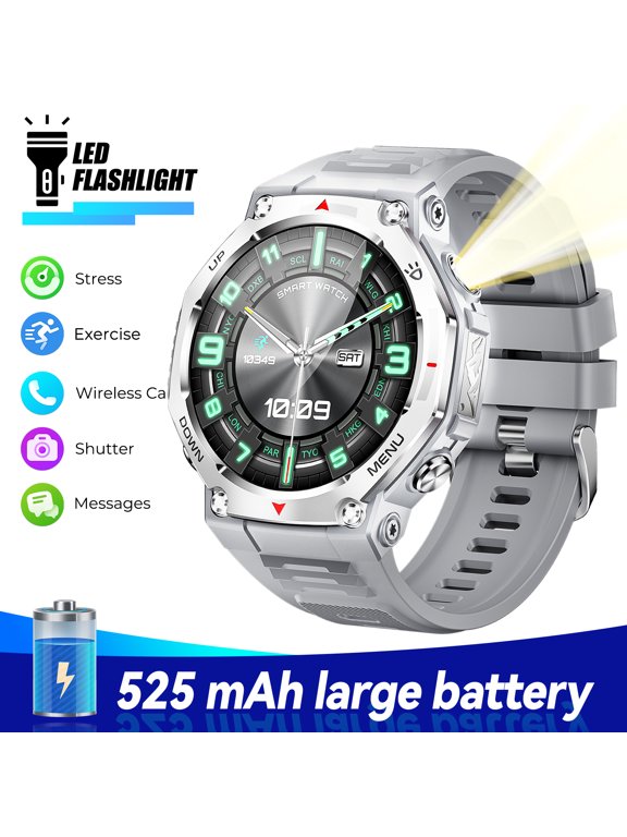 KT85 Smart Watches for Man with Wireless Calling, 1.43’’ AMOLED Screen Watch with Flashlight, 5ATM Waterproof Smart Watch Compatible with iOS & Android, 1pc, Gray