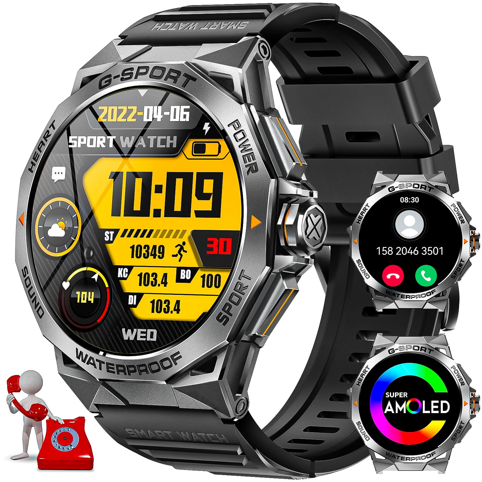 XAXRE Military Smartwatches for Men (Answer/Dial Calls) AMOLED Smart Watch, with AI Voice 100+ Sports Modes Fitness Watch, with SpO2 Sleep Tracker 1.43" Tactical Smartwatch for iOS Android Phones