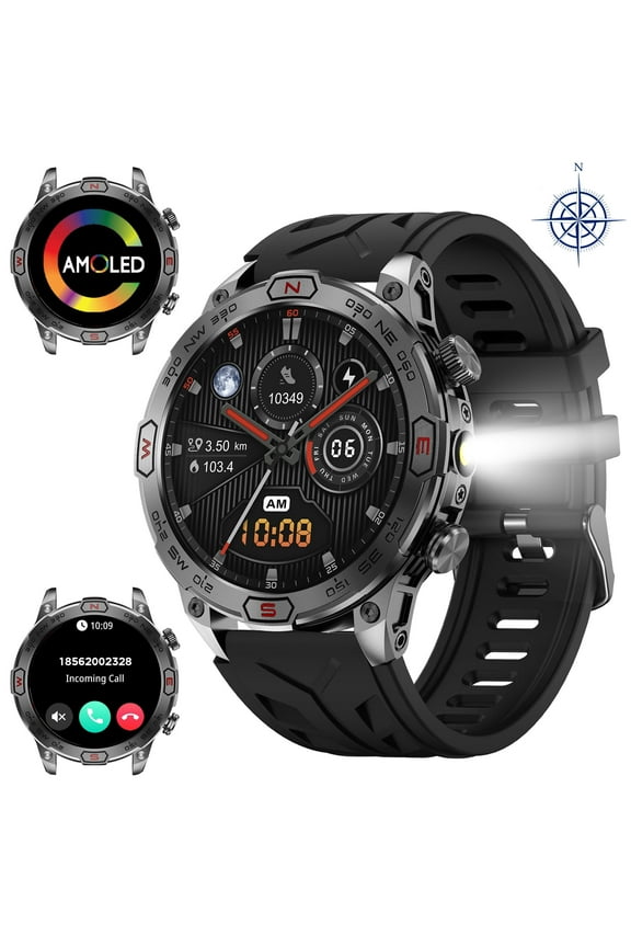 Military Smartwatches for Men(Answer/Make Call), 1.43'' AMOLED Touch Screen Rugged Smartwatch with LED Flashlight Compass Altitude, 1ATM Waterproof Outdoor Sport Smart Watch for Android iOS