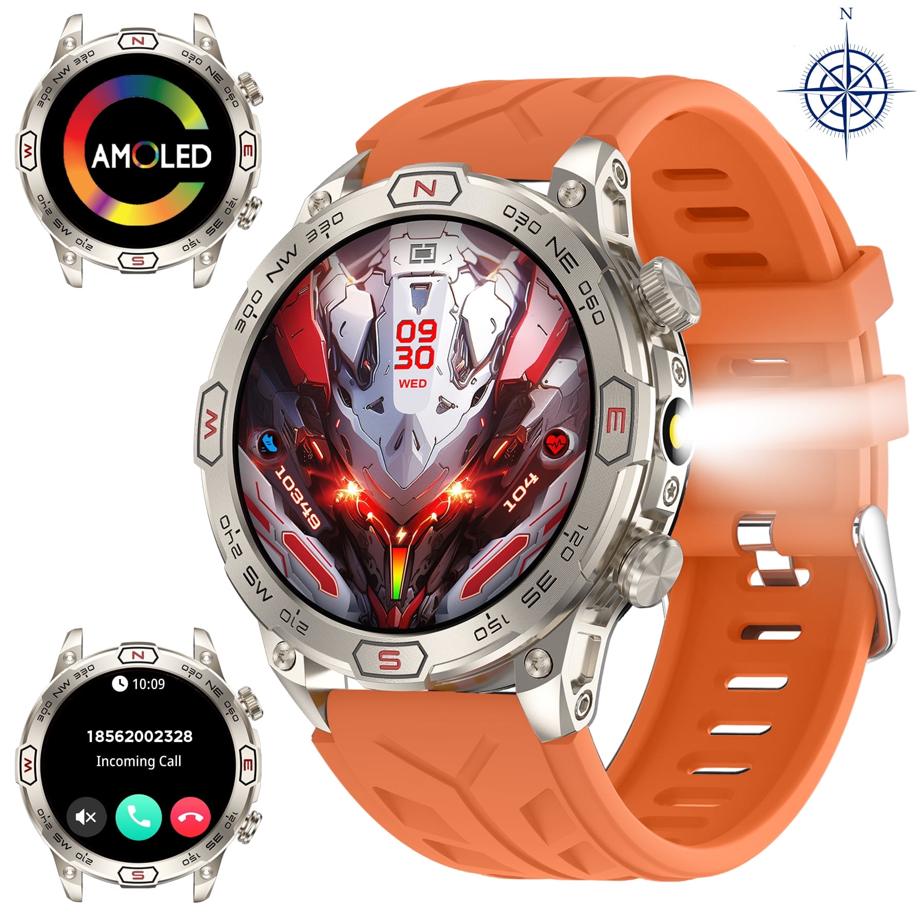 XAXRE Military Smartwatches for Men(Answer/Make Call), 1.43'' AMOLED Touch Screen Rugged Smartwatch with LED Flashlight Compass Altitude, 1ATM Waterproof Outdoor Sport Smart Watch for Android iOS