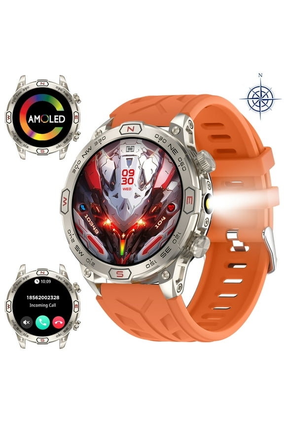 Military Smartwatches for Men(Answer/Make Call), 1.43'' AMOLED Touch Screen Rugged Smartwatch with LED Flashlight Compass Altitude, 1ATM Waterproof Outdoor Sport Smart Watch for Android iOS
