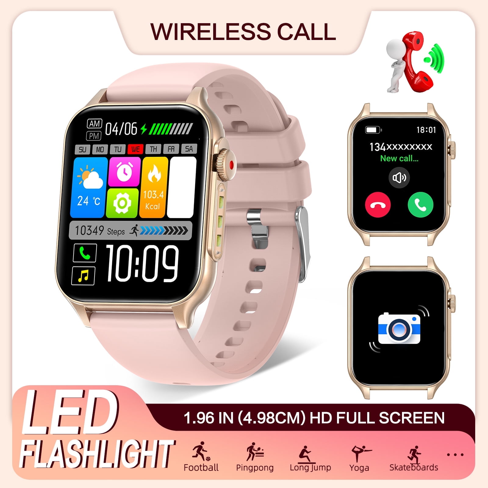XAXRE P6P 1.96" HD Touch Screen Waterproof Smart Watches for Men Women (Answer/Make Call) with LED Flashlight, Fitness Tracker Smartwatch with 100+ Sports Modes for iOS and Android, 1pc