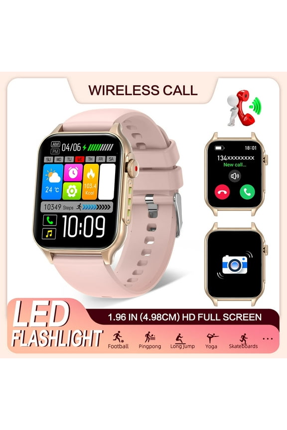 P6P 1.96" HD Touch Screen Waterproof Smart Watches for Men Women (Answer/Make Call) with LED Flashlight, Fitness Tracker Smartwatch with 100+ Sports Modes for iOS and Android, 1pc