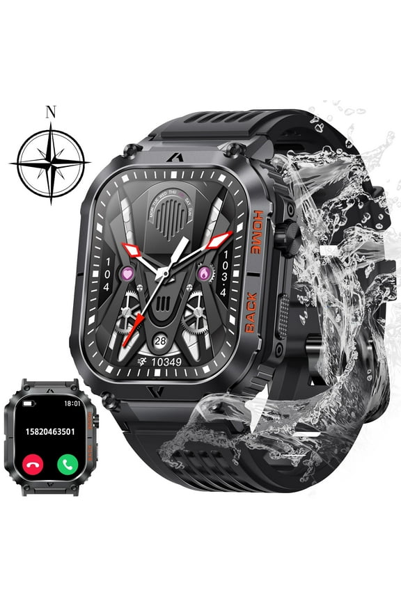 Smart Watch for Men (Answer/Dial Call), 5ATM Waterproof Outdoor Tactical Fitness Tracker with Compass, 2.02'' Big Screen Rugged Sports Swimming Smart Watches for Android iOS, Black