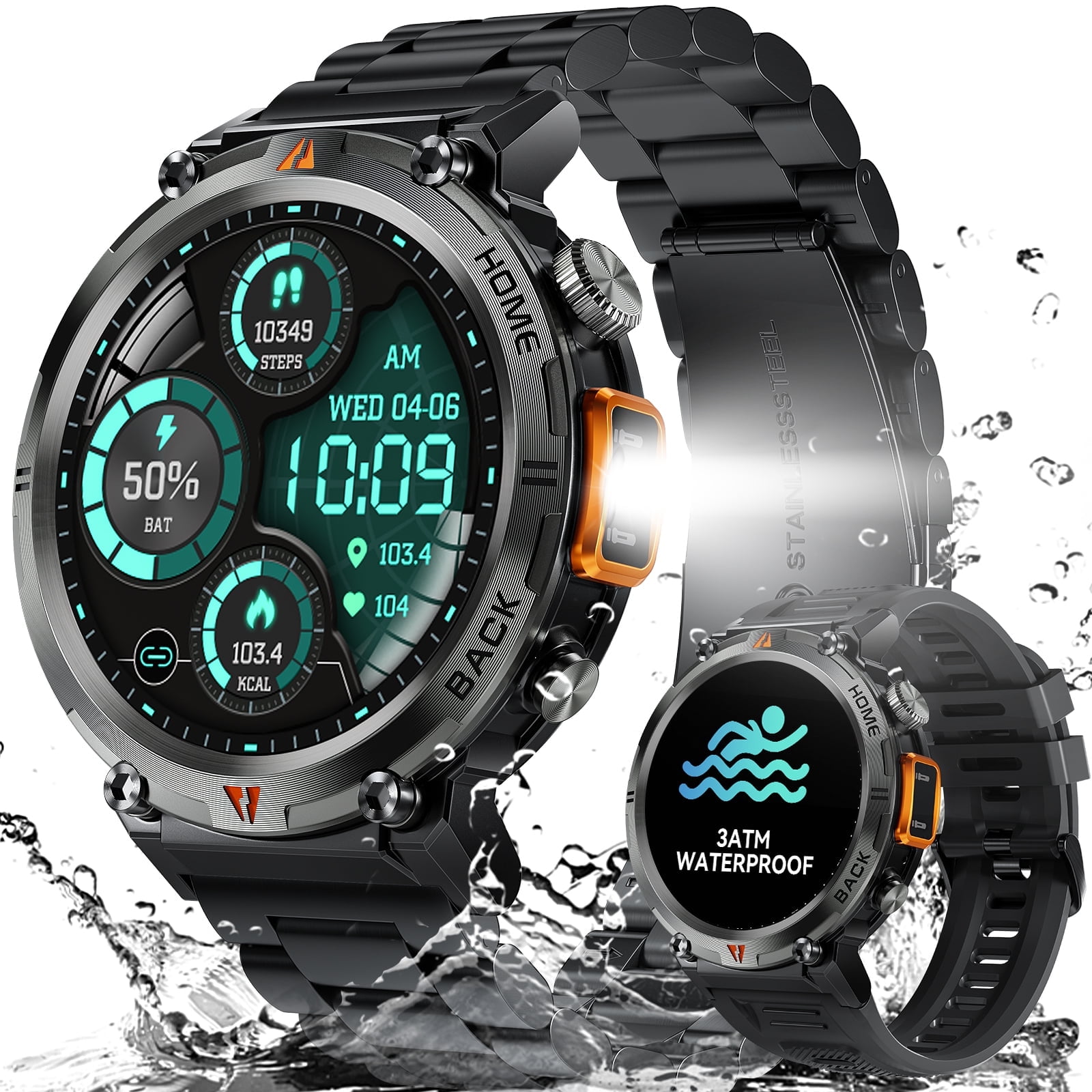 XAXRE Smart Watches with Flashlight for Men, 1.45 inches Bluetooth Call Watch Activity Tracker, Rugged Outdoor Tactical Watch for Android and iPhone, Black