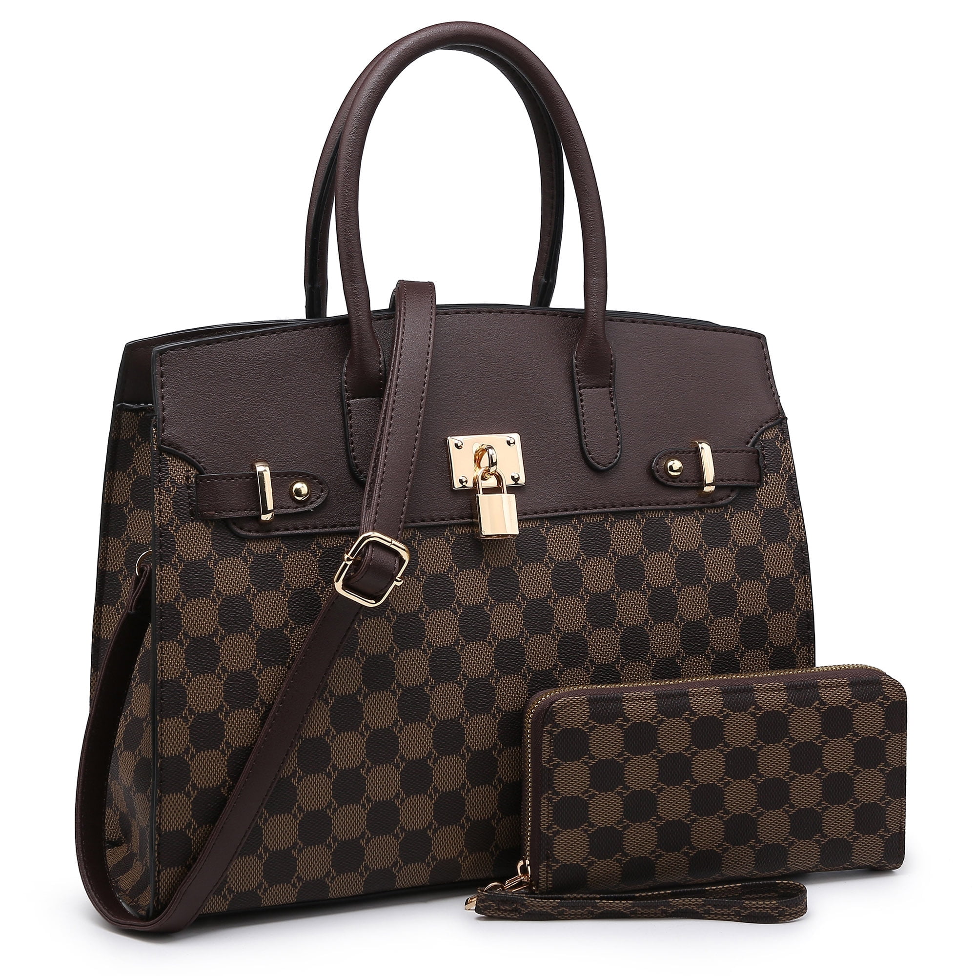 XB 2 Pieces Women Checkered Satchel Handbags and Wallet Set Faux Leather  Top Handle Bags Large with Shoulder Strap 