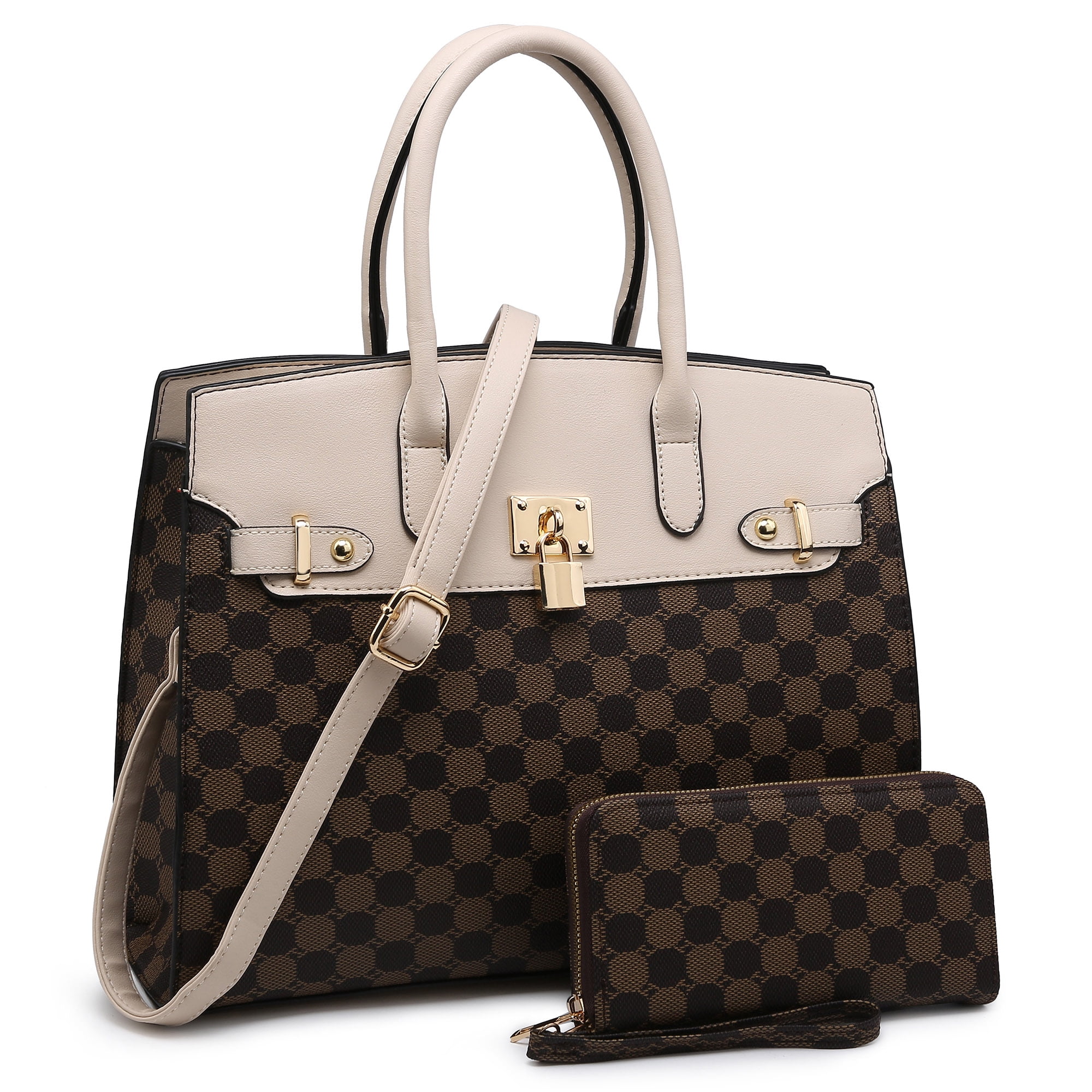 XB 2 Pieces Women Checkered Satchel Handbags and Wallet Set