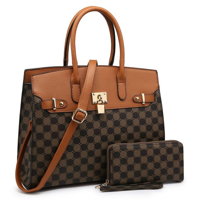 XB 2 Pieces Women Checkered Satchel Handbags and Wallet Set Faux Leather  Top Handle Bags Large with Shoulder Strap 
