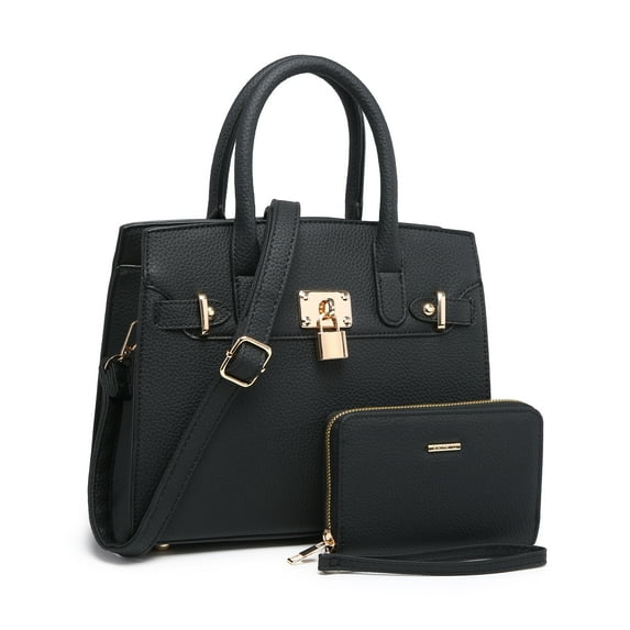RAGSTO 2 Pieces Women Satchel Handbags and Wallet Set Faux Leather Crossbody Purse Top Handle Tote Bags with Shoulder Strap, Black-Size M