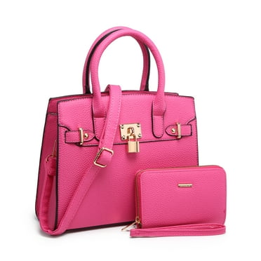 RAGSTO 2 Pieces Women Satchel Handbags and Wallet Set Faux Leather Crossbody Purse Top Handle Tote Bags with Shoulder Strap, Fuchsia-Size M