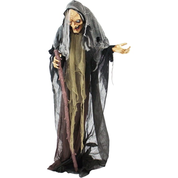 XB Life-Size Scary Poseable Talking Witch, Halloween Animatronic with Touch Activated Lights and Sound, Battery Operated Indoor or Covered Outdoor Halloween Decorations, Halloween Prop