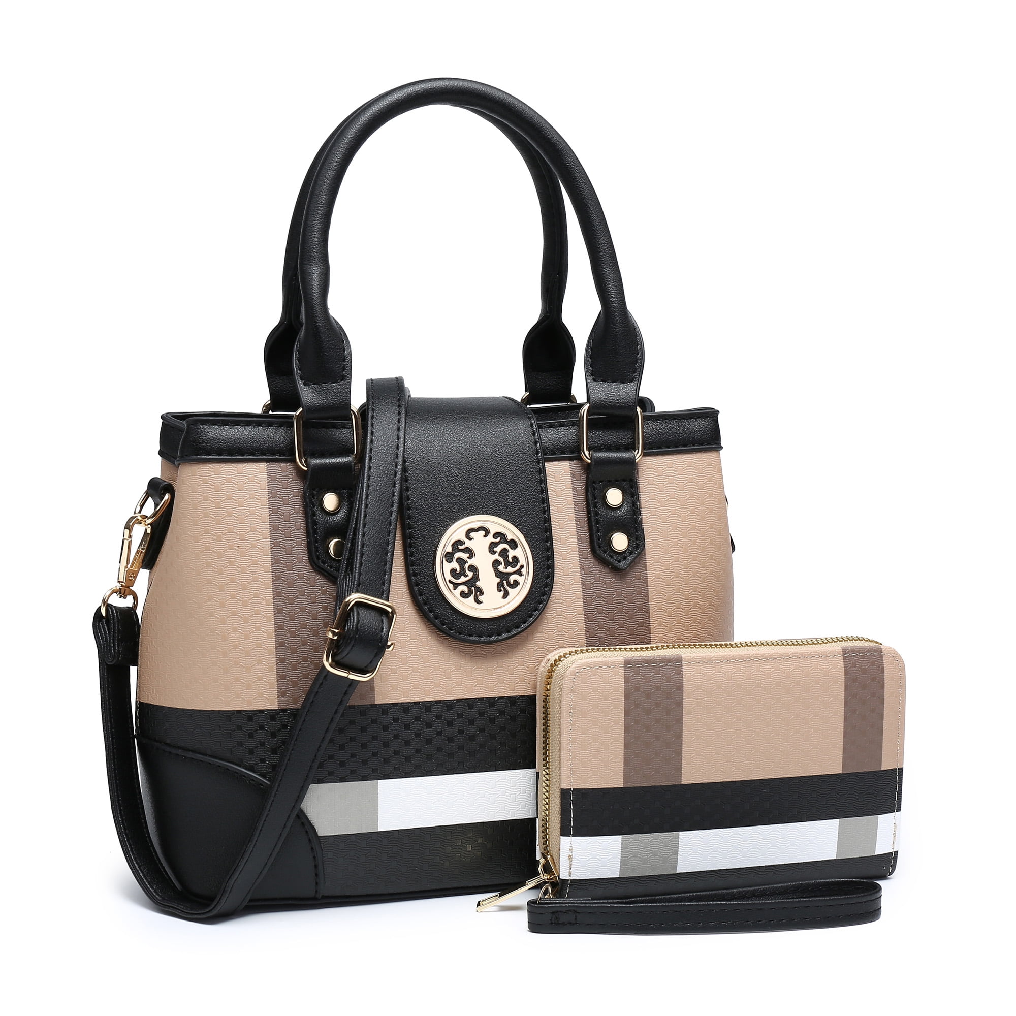 XB Plaid Leather Tote Bag Shoulder Handbag Strap Lock Top Handle Satchel  Handbag with Wallet 