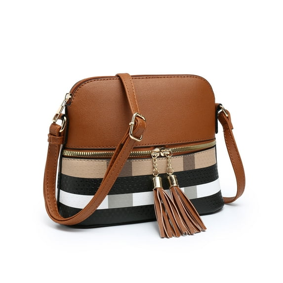 XB Womens Plaid Bucket Bag Crossbody Handbag Messenger Bag Tassel Zip Shoulder Purse Two Tones