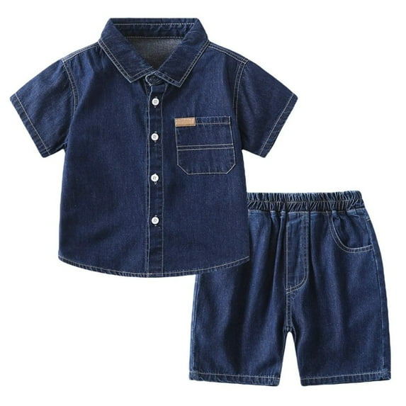 XBASW 1-7T Boys Summer Jeans Shorts Outfits Short Sleeve Collar Button down Denim Shirt Tops + Shorts 2 Piece Set for Kids Toddler Baby