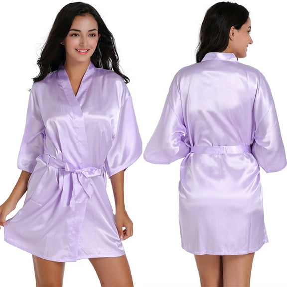 XBASW 1PCS Women's Satin Robe Solid Color Silk Bathrobe with V-Neck 3/4 Sleeves Sleepwear Robe for Summer S-2XL