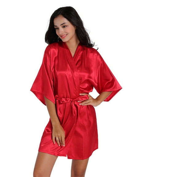 XBASW 1PCS Women's Satin Robe Solid Color Silk Bathrobe with V-Neck 3/4 Sleeves Sleepwear Robe for Summer S-2XL