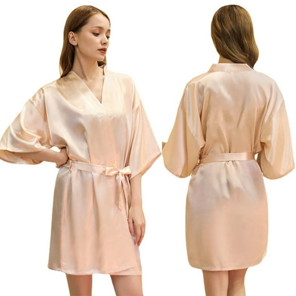 XBASW 1PCS Women's Satin Robe Solid Color Silk Bathrobe with V-Neck 3/4 Sleeves Sleepwear Robe for Summer S-2XL