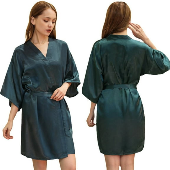 XBASW 1PCS Women's Satin Robe Solid Color Silk Bathrobe with V-Neck 3/4 Sleeves Sleepwear Robe for Summer S-2XL