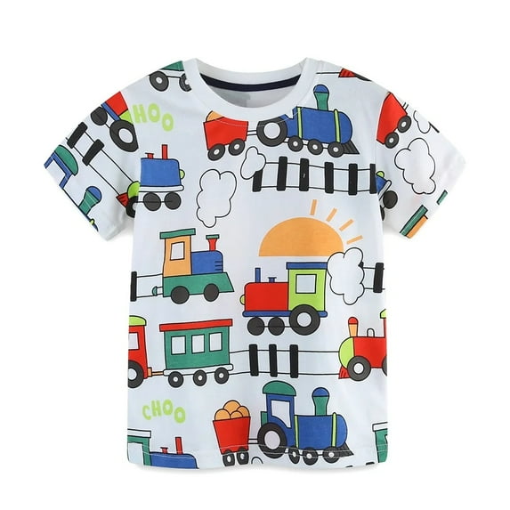 XBASW 2-7 Years Boys Short Sleeve T-Shirt for Toddler Baby Kids Crew Neck Cartoon Tee Tops Train Printed Summer Shirt for Boys