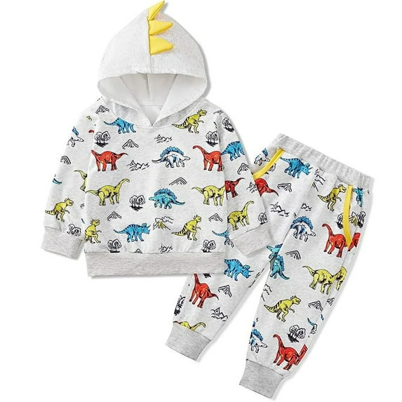 XBASW Baby Boys Spring Fall Sweatsuit Outfit 1-5T Toddler Dinosaur Print Hoodies Sweatshirt Sweatpants 2PCS Set