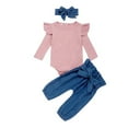 thumbnail image 1 of XBASW Baby Girls Clothes Outfit Newborn Girls Solid Color Romper Top + Infant Jeans Pants Bow Headband Spring Fall 3PCS Set 0-24 Months, 1 of 5