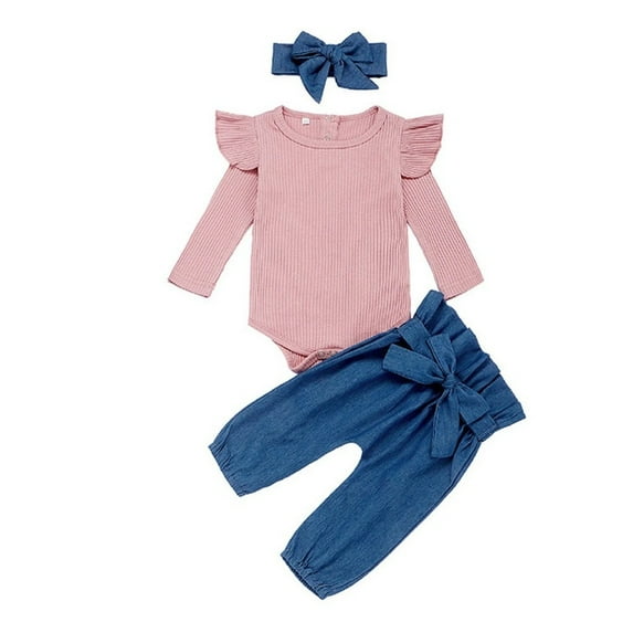 XBASW Baby Girls Clothes Outfit Newborn Girls Solid Color Romper Top + Infant Jeans Pants Bow Headband Spring Fall 3PCS Set 0-24 Months