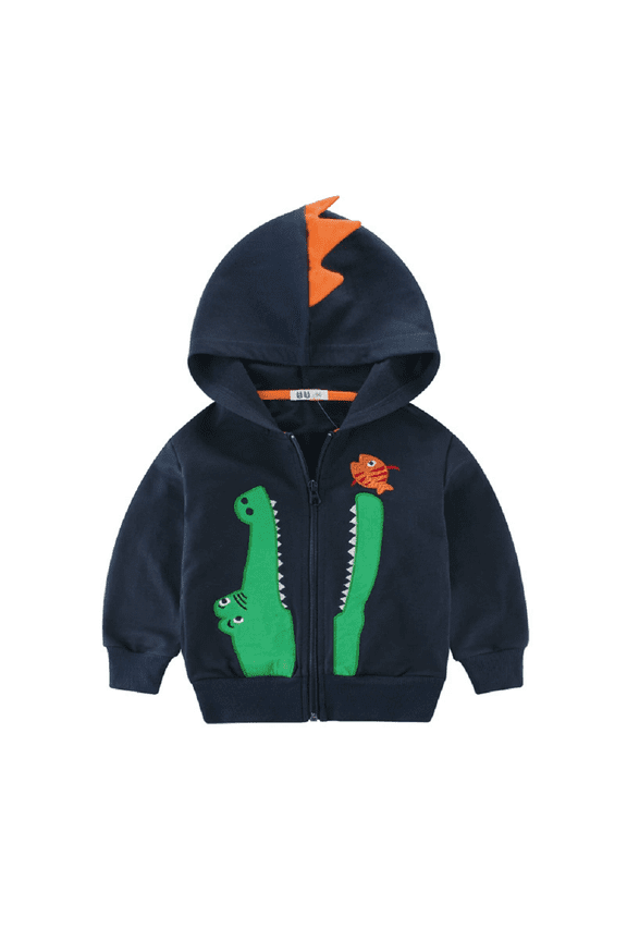 Baby Kids Boys Embroidered Sweatshirt Jacket Cartoon Dinosaur Hoodie Long Sleeve Sweater Spring Fall Casual Zipper Coat for 2-8 Years Old