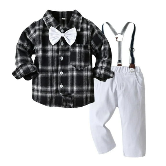XBASW Baby Kids Boys Gentleman Outfits Suit Set Long Sleeve Flower Dress Shirt with Detachable Suspenders Pants + Bowtie 6 Months -6 Years