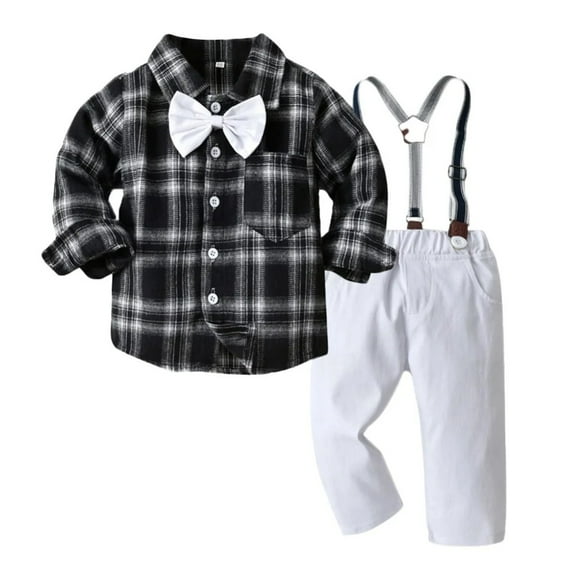 XBASW Baby Kids Boys Gentleman Outfits Suit Set Long Sleeve Flower Dress Shirt with Detachable Suspenders Pants + Bowtie 6 Months -6 Years
