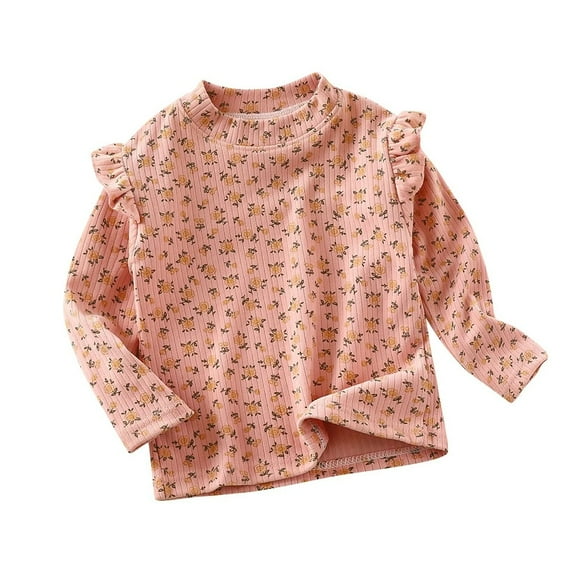 XBASW Baby Kids Fly Sleeve T-Shirt for Girls Fall Winter Floral Base Shirt Toddler Crewneck Tees Teen Long Sleeves Bottoming Shir for Girls 1-14T