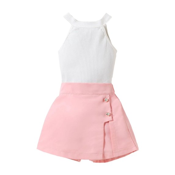 XBASW Baby Kids Girl's Summer Skirt Pants 2PCS Set Toddler Hanging Neck Pit Strip Sleeveless Top + Irregular Skirt Pants Girls Outfits for 1-6 Years Old