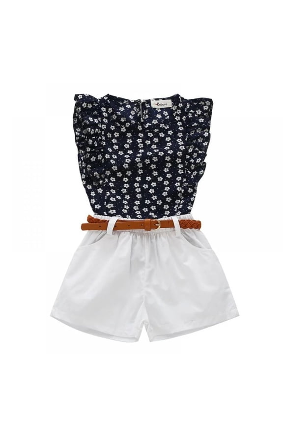 Baby Kids Girls Shirt Short Clothes Outfits Toddler Spring Summer Printed Vest Blouses Tops + Short Pants with Belt 2PCS Sets 2-3 Years