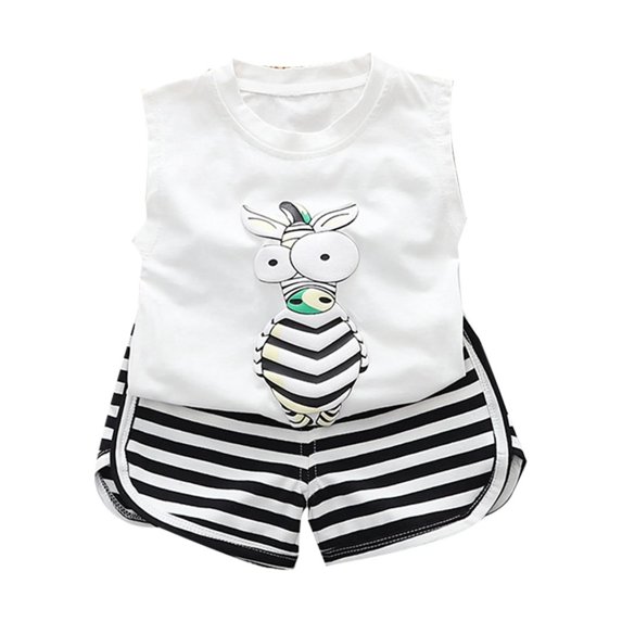 XBASW Baby Newborn Boys Summer Tank Outfit Toddler Crewneck Cartoon Camisoles and Striped Shorts Boys Cotton Two-Piece Set 6M-5Years