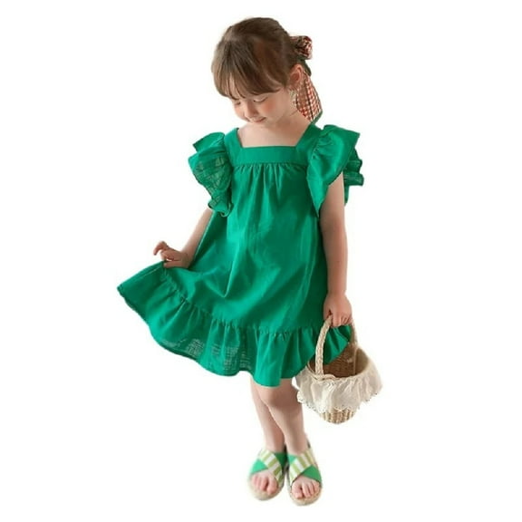 XBASW Baby Toddler Girls Ruffle Sleeve Princess Dress Solid Color Casual Dress 2-8 Years Kids Summer Tutu Sundress for Girls