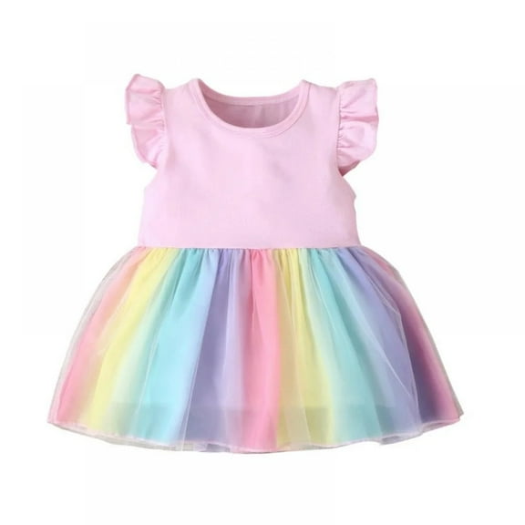 XBASW Baby Toddler Rainbow Dress Short Sleeve Tulle Princess Dresses Girls Cotton Sundress for 9M-4T