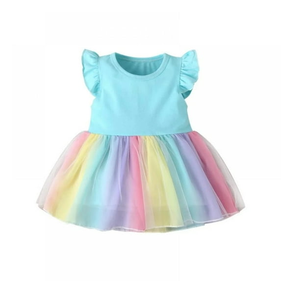 XBASW Baby Toddler Rainbow Dress Short Sleeve Tulle Princess Dresses Girls Cotton Sundress for 9M-4T