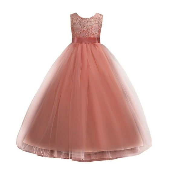 XBASW Big Kids Girls Lace Long Princess Dresses Toddler Formal Wedding Party Pageant Ball Gowns First Communion Puffy Tulle Dress for 3-14 Years