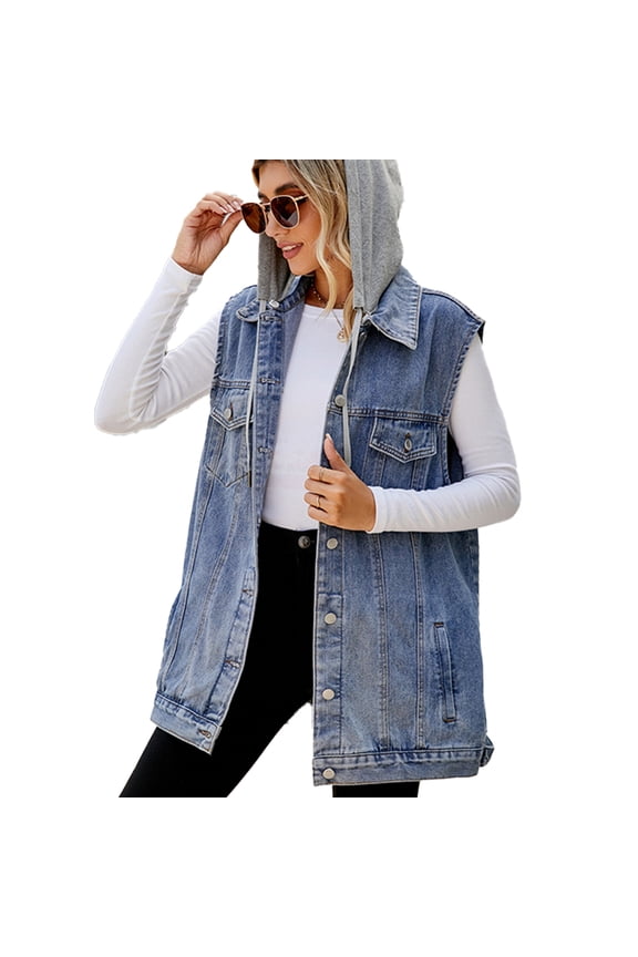Denim Jean Vest for Womens Oversized Sleeveless Denim Jacket Removable Hooded Button down Denim Waistcoat XS- XL