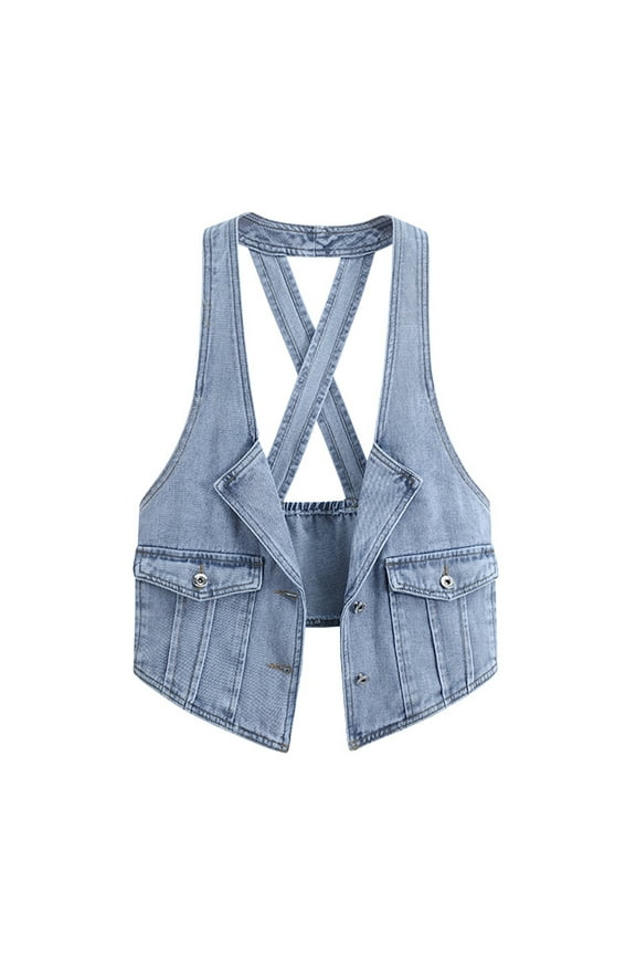 Denim Vest for Womens V Neck Casual Waistcoat Button down Sleeveless Jean Jacket S-3 XL