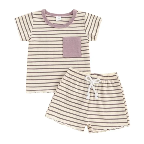XBASW Infant Baby Boys Summer Clothes Outfits Stripe Short Sleeve T Shirt Tops   Elastic Waist Shorts Cotton Set Size 3M-3Y
