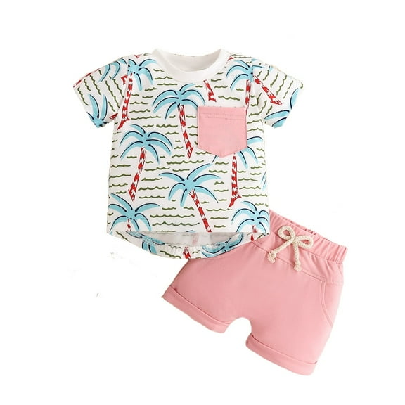 XBASW Infant Baby Boys Summer Shorts 2 PCS Set Short Sleeve Coconut Tree T-Shirt Tops T-Shirt  Solid Color Shorts Casual Outfits 0-3T