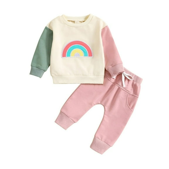 XBASW Infant Baby Girls Rainbow Print Sweatsuit Set Long Sleeve Color Blocking Sweatshirt Top and Jogger Pants Spring Fall 2 Piece Outfits