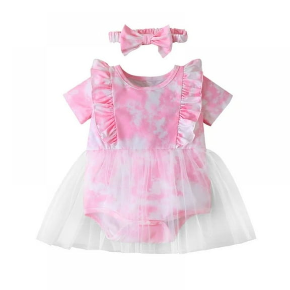 XBASW Infant Baby Girls Tie-Dye Romper Dress with Headband Sets Summers Party Tutu Bodysuit Outfits 0-18 Months