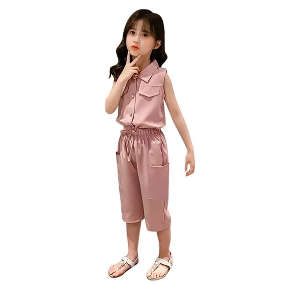 XBASW Kids Baby Girls Solid Sleeveless Shirt Tops Cropped Pants Set Summer 2PCS Outfits for 3-12T