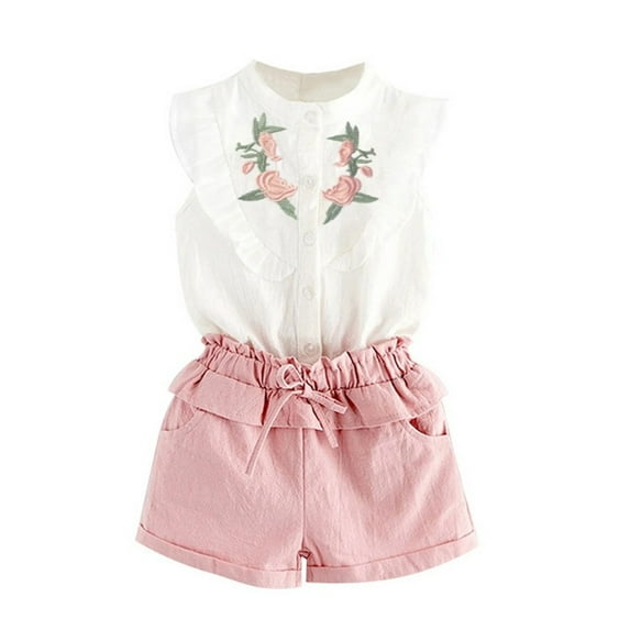 XBASW Kids Toddler Baby Girls Shorts Set Embroidery Ruffle Sleeveless Shirt Tops + Solid Color Shorts Summer 2PCS Outfits 2-7T