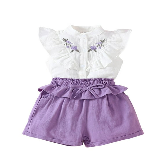 XBASW Kids Toddler Baby Girls Shorts Set Embroidery Ruffle Sleeveless Shirt Tops   Solid Color Shorts Summer 2PCS Outfits 2-7T