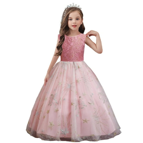 XBASW Kids Toddler Flower Girl Dress Star Mesh Tutu Princess Dresses Teen Girls Wedding Bridesmaid Birthday Party Pageant Long Gown 5-14T