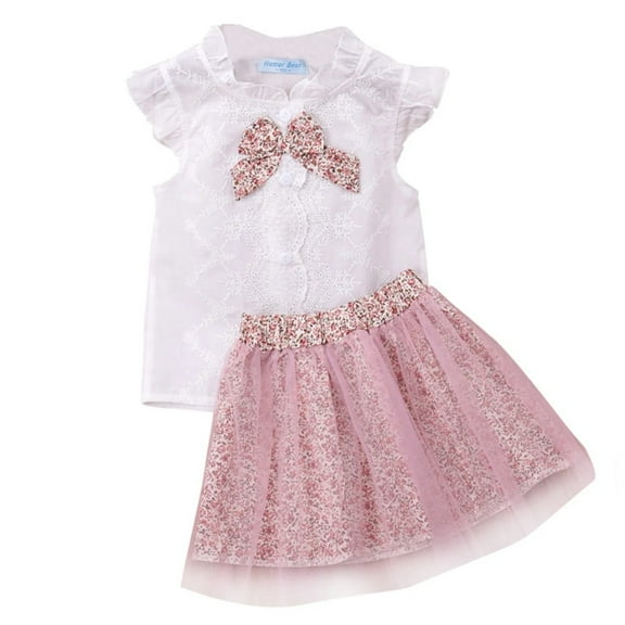 XBASW Kids Toddler Girl's Skirt Sets Summer Ruffle Collar Fly Sleeve Bow Tie Shirt Tops   Mesh Mini Skirts 2-8T