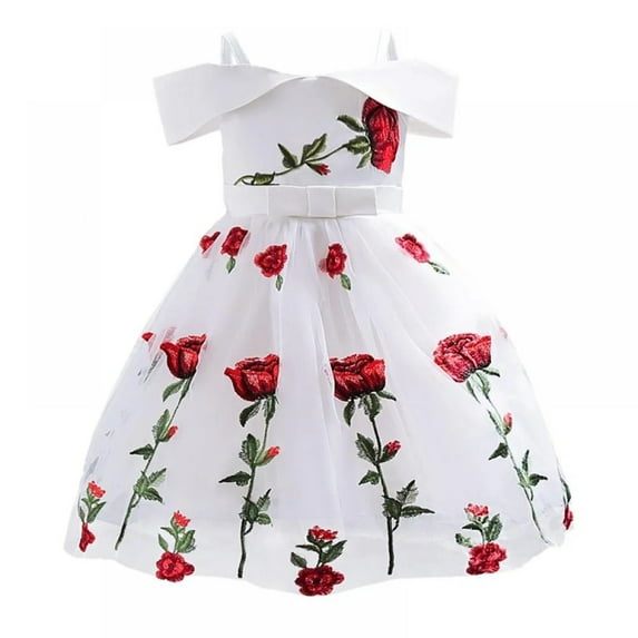 XBASW Kids Toddler Girls off Shoulder Princess Dress Rose Embroidered Tulle Dress for 3-9 Years Old Summer Flower Girl Party Gown